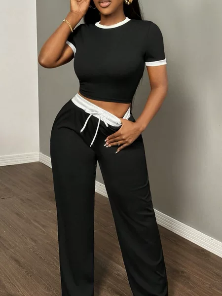 Cross-Border European and American Amazon Low-Price Mall Women's Casual Street Style Everyday Color-Blocking Round Neck Two-Piece Set