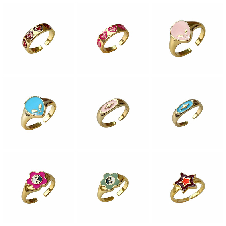 Fashion Pentagram Heart Shape Flower Copper Enamel Open Ring 1 Piece