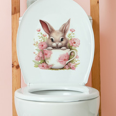 新款fun-m37卡通兔子創意茶杯花朵馬桶貼浴室衛生間裝飾牆貼紙
