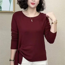 一件代发直播爆款不规则系带长袖t恤女2025春秋季纯色打底衫上衣