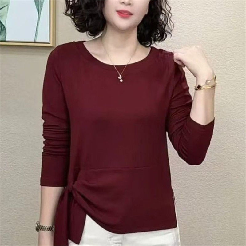 一件代发直播爆款不规则系带长袖t恤女2025春秋季纯色打底衫上衣