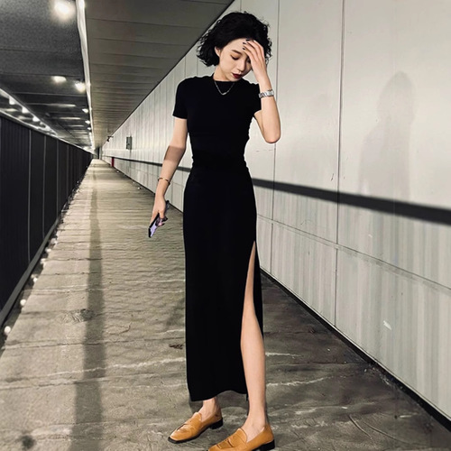 Pure Desire Sexy Slit Little Black Dress Long Dress Summer New Arrival Slimming High-Waisted Slit Reveal Leg Women's Trendy Wholesale