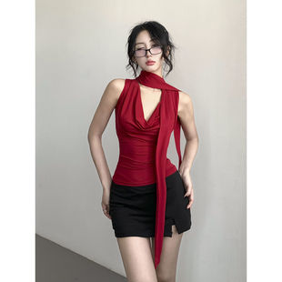 2025 Lace-up Neck Summer Sling Collar Small Camisole Women's Inner Korean-style Base Shirt Sleeveless Top Short All-match