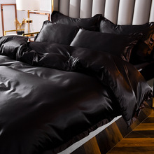 ZB6M批发夏季纯黑色真丝四件套欧式裸睡冰丝床单被套夏凉天丝床上
