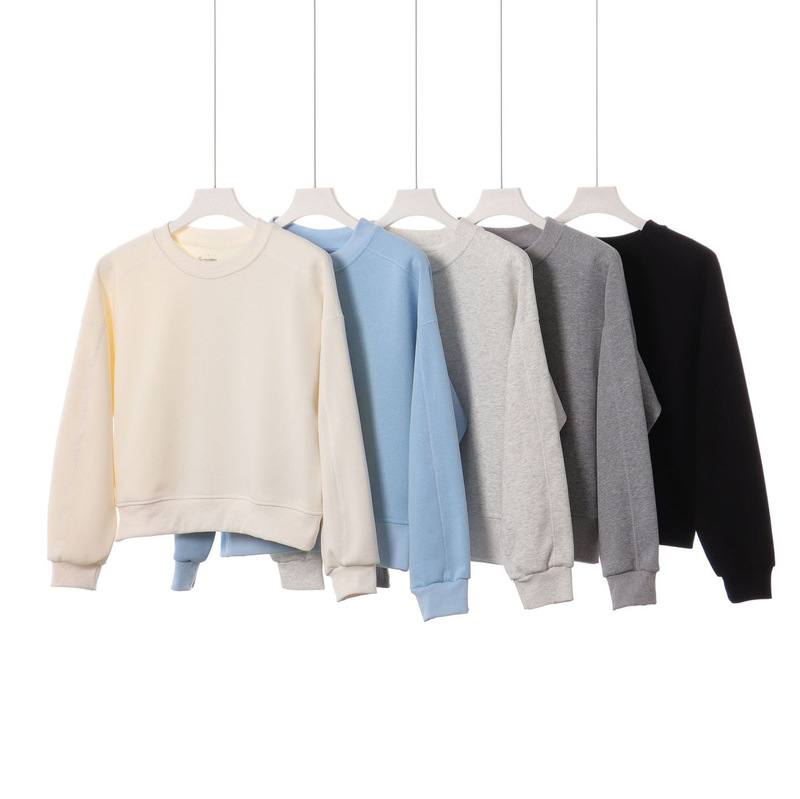 Autumn and Winter New Heavyweight 420g Women's Short Round Neck Velvet Sweatshirt Trendy Brand Pure Color Hasselblad Line Design Top