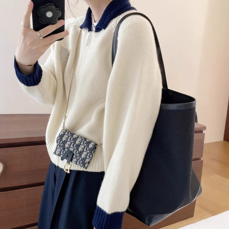 2025秋冬新款100羊毛针织开衫女拼色翻领拉链毛衣外套宽松上衣|undefined