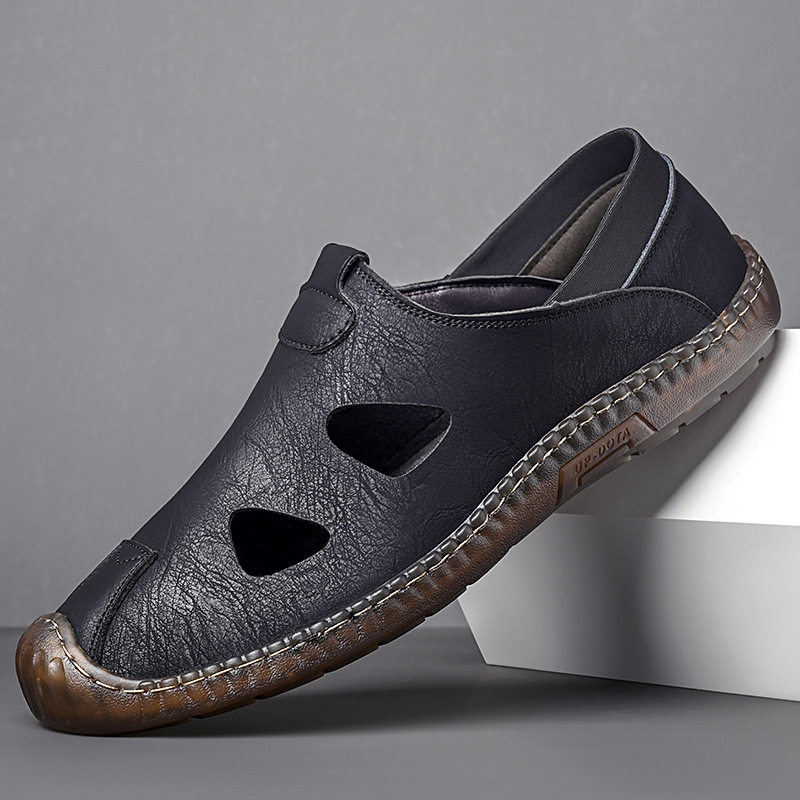 Giày sandal da nam thủ công đan dây, thoáng khí khoét lỗ, kiểu bao đầu — Màu kaki, màu đen