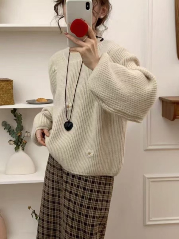 复古刺绣花朵套头毛衣女秋冬2025女装宽松慵懒风高级感韩系针织衫|undefined