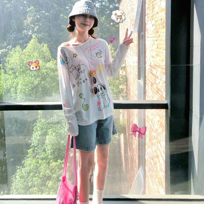 韓国の甘い女の子楽しい落書きプリント日焼け止めブラウス女性のための夏 2025 新しい薄いメッシュルーズで多用途なトップ|undefined