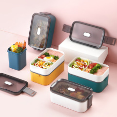 Plastic food container food-grade microwave-heatable lunch box rectangular student bento box double-layer divided with utensils