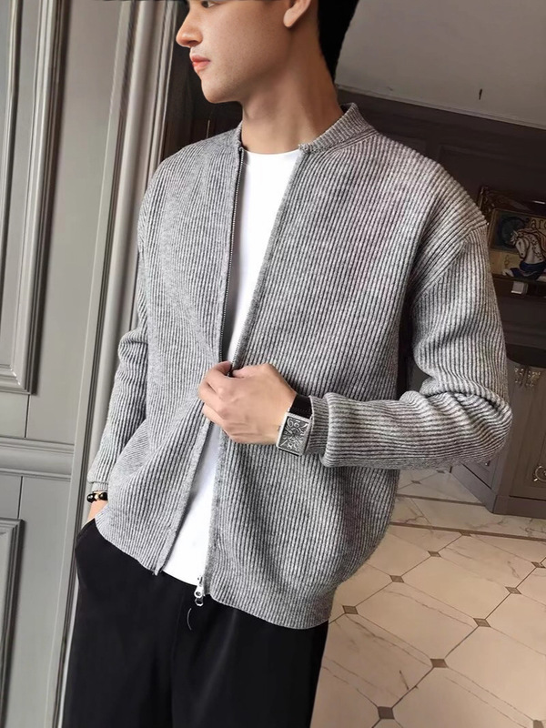 气质立领双拉链开衫男秋冬季复古商务休闲加厚保暖针织衫毛衣外套|undefined