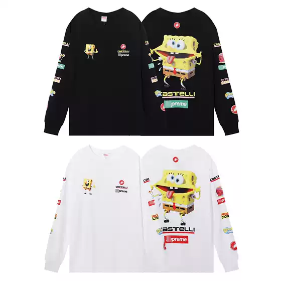 New SS25 SpongeBob Graphic T-Shirt Crewneck Versatile Print Loose Top Long Sleeve Unisex