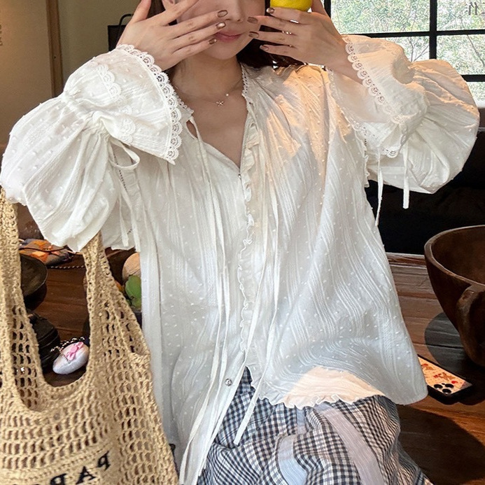 Cotton Lace Splicing Ruffled Jacquard Shirt for Women, Spring 2026 New Style with Tie and Flared Sleeves