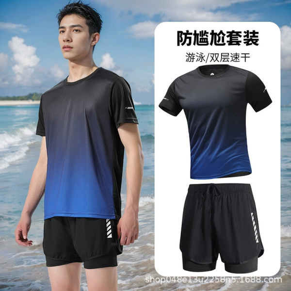 T15 blue short sleeves + DK70 black swimming trunks