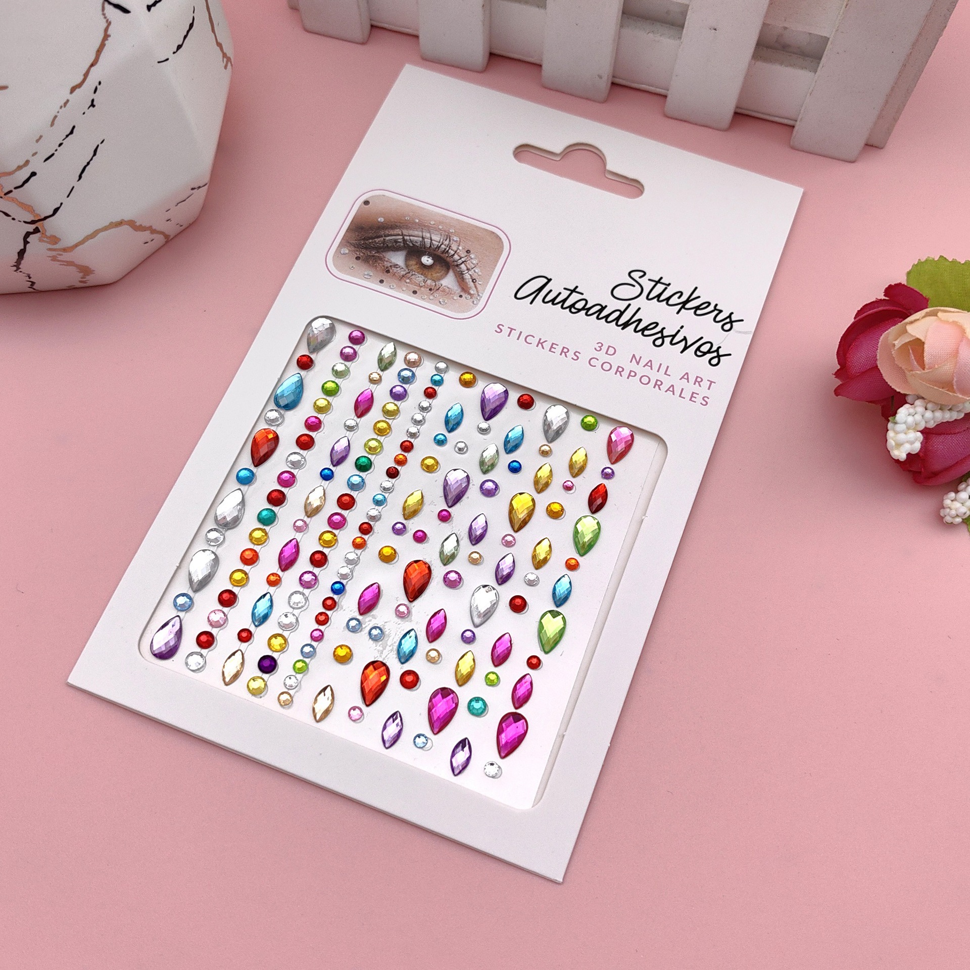 Pegatinas para maquillaje de ojos, pegatinas de diamantes de imitación para ojos, decoración facial, accesorios de maquillaje de perlas para diario, pegatinas de diamantes de imitación para escenario infantil, venta al por mayor en stock.