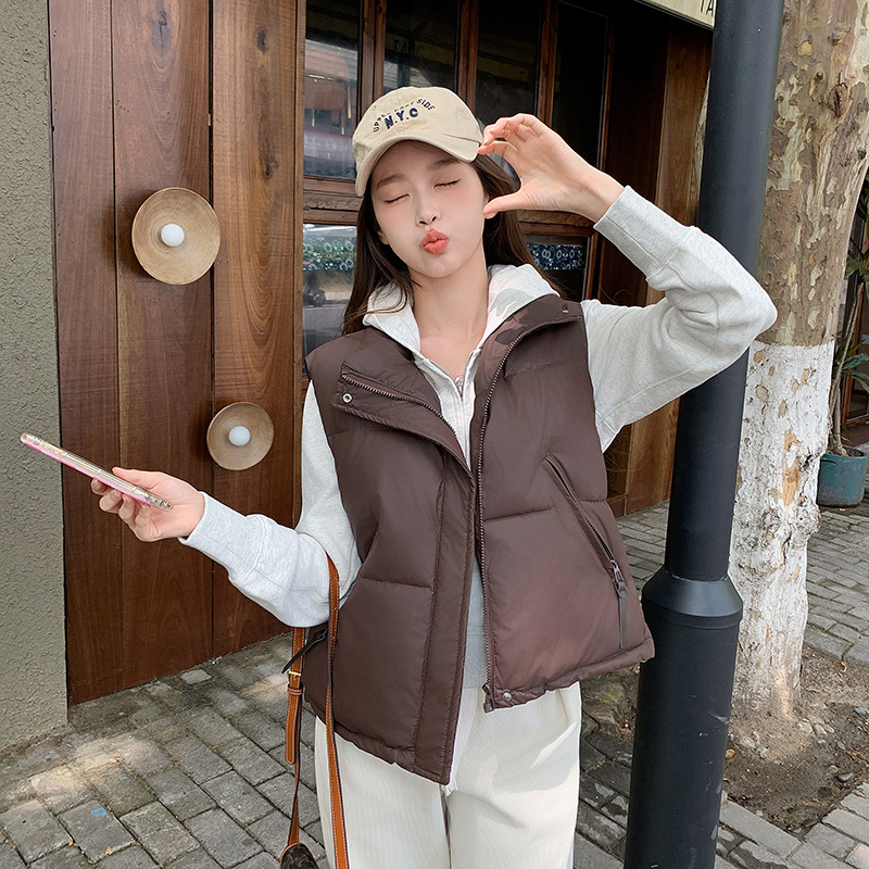 2025 otoño y invierno chaleco de pluma de algodón mujer corto nuevo estilo coreano suelto de cuello de collar de hombro chaleco de algodón abrazadera chaqueta