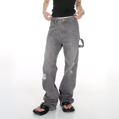 American street style washed vintage ripped jeans for men, suitable for spring and autumn, straight leg, loose fit, European and American high street vibe long pants