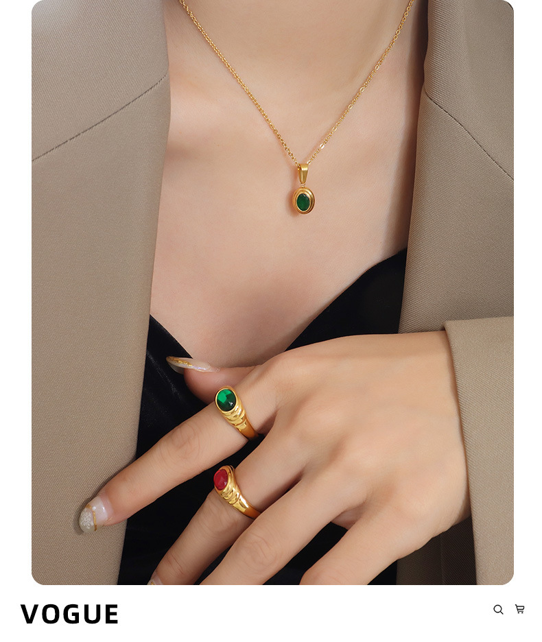 Retro Oval Titanium Steel Inlay Zircon Rings Necklace
