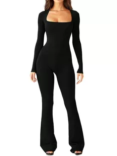 Платье-комбинезон с длинными рукавами (для женщин), пояс-талия, контур бедер, квадратный вырез, свободный крой