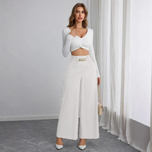 新款欧美跨境女装简约气质高腰通勤休闲长裤女