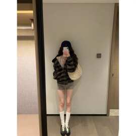 美式复古拼接条纹开衫拉链卫衣女秋冬宽松设计感显瘦百搭慵懒外套