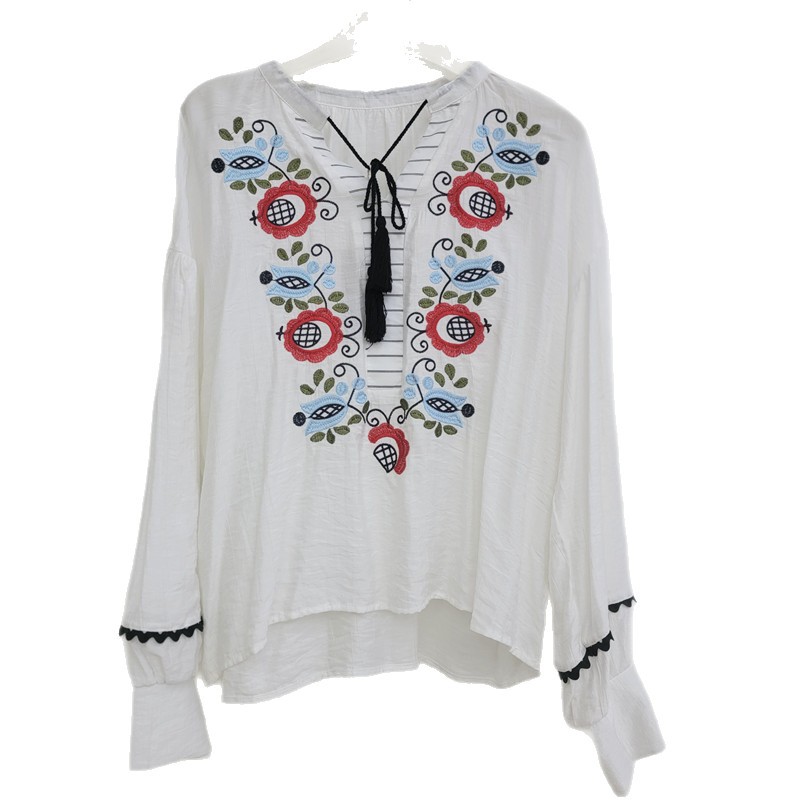 Camisa con Bordado para Mujer Poliéster Cuello V con Lazos