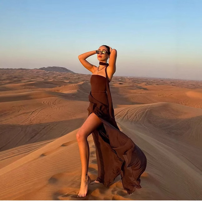New Style Slit Skirt with Scarf, Ladylike Style Desert Vacation Tube Top Sexy Mesh Patchwork Dress
