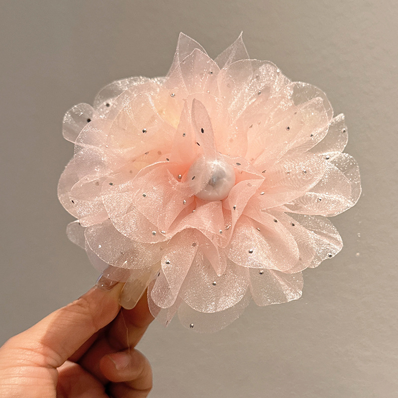 Розовая заколка-крабик, в цветочек