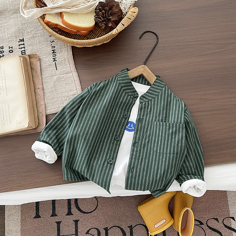 Boys' striped shirt, new spring and autumn style, fashionable stand-up collar long-sleeved shirt, baby spring thin and versatile jacket