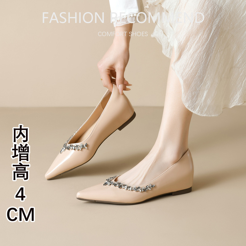 Pointed Toe Shallow Mouth Single-layer Shoes Women's Inner Height-increasing 2025 New Spring and Autumn Rhinestone Slip-on French Style Flats Women's Summer Flats