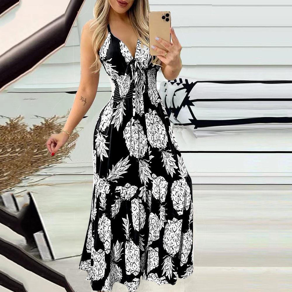 Summer, Spring Season Women'S Gender Wholesale Women'S Casual Printing Pleated Pineapple Street V Neck Sleeveless Strap Dress