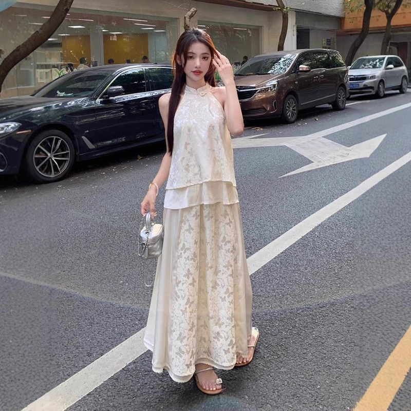 New Chinese Style National Style Cheongsam Cool Feeling Zen Wearing a Set of Hanging Neck Top Half Skirt suit Women's Summer
