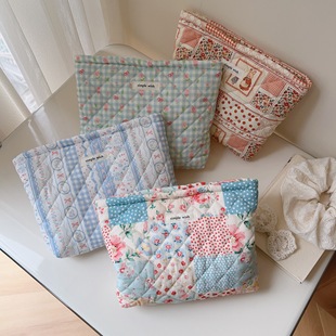 [Soohee Cloth Bag] New Fresh Literary Plaid Floral Quilted Cosmetic Bag Women's Clutch Storage Square Bag