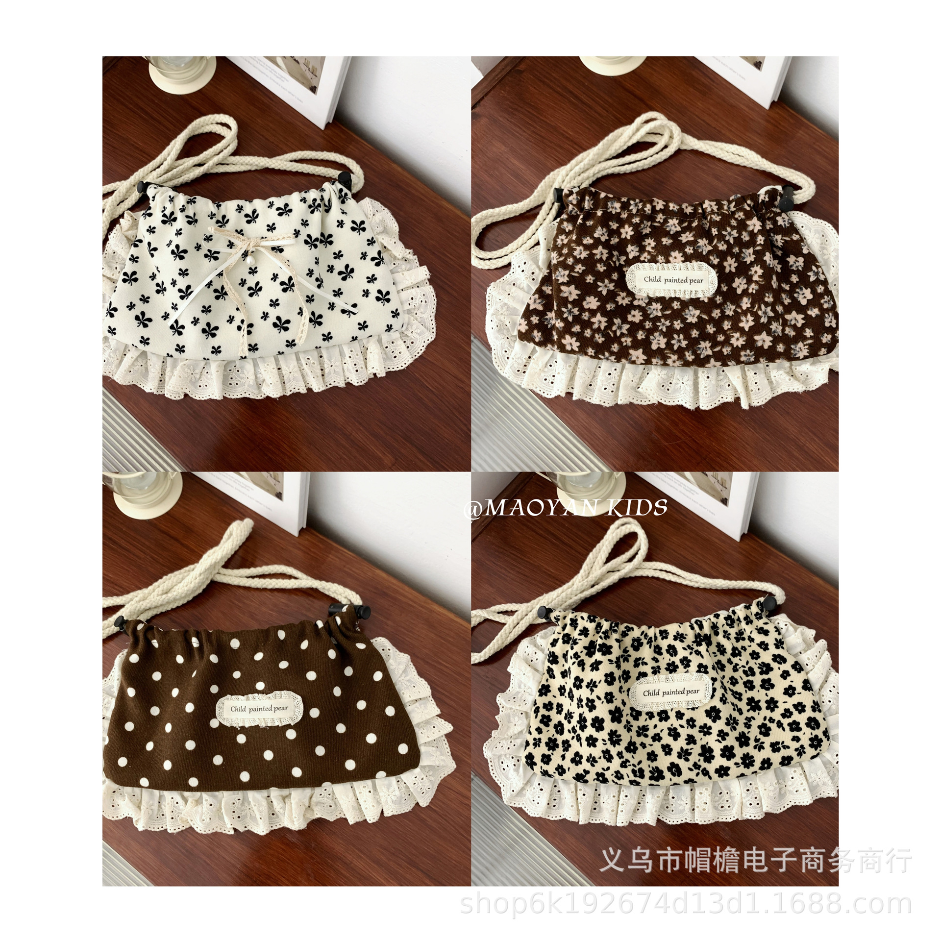 森系碎花复古女童甜美蕾丝边单肩布包潮童凹造型可抽拉松紧饺子包