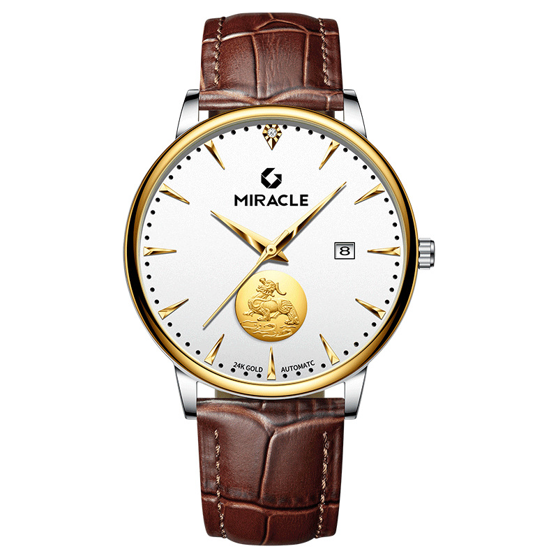 Đồng hồ nam Geney automatic lộ máy, mặt vàng 24K, dây da, chống nước — Da Cà Phê Mặt Trắng vàng