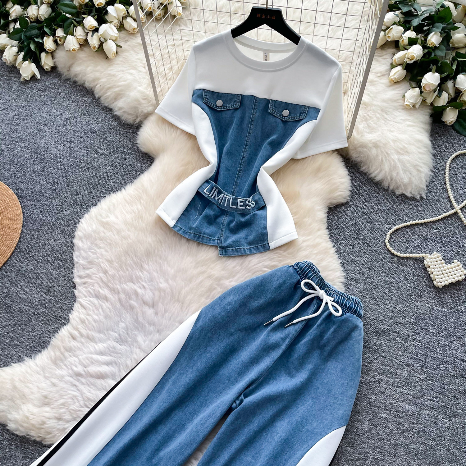 Retro Patchwork Denim Set for Women Short Sleeved Hong Kong Style Summer Casual Straight Leg Pants Two Piece Slimming Outfit_ecoleips.com