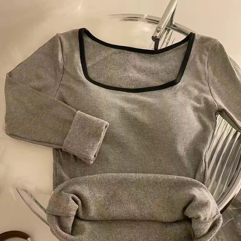 Otoño e invierno cepillado cálido top de manga larga de una sola pieza de contraste de color SLIM-Fit diseño adelgazante bottoming Top con almohadilla para el pecho