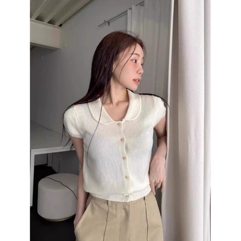 夏用の女性用の小さな黄色のショートニットアイスシルクベビードールカラー半袖Tシャツ、美しい美しい右肩トップ|undefined