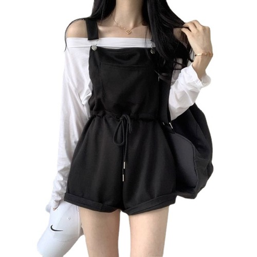 Korean chic elegant temperament, casual and versatile waist-cinching loose jumpsuit overalls + long-sleeved bottoming T-shirt