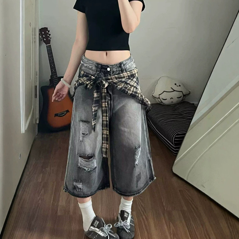 Plaid Patterned Cropped Denim Pants for Women, Summer Loose Straight-Leg Cropped Wide-Leg Pants, Slimming Denim Pants for Women Plaid Patterned Cropped Denim Pants for Women, Summer Loose Straight-Leg Cropped Wide-Leg Pants, Slimming Denim Pants for Women