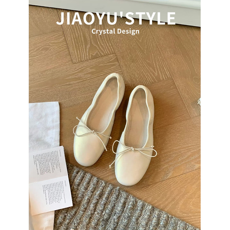Genuine Leather~Jiaoyu Bowknot Ballet Roll-Up Shoes for Women, Pleated French-Style Granny Shoes, Retro Shallow Mary Jane Flats Genuine Leather~Jiaoyu Bowknot Ballet Roll-Up Shoes for Women, Pleated French-Style Granny Shoes, Retro Shallow Mary Jane Flats