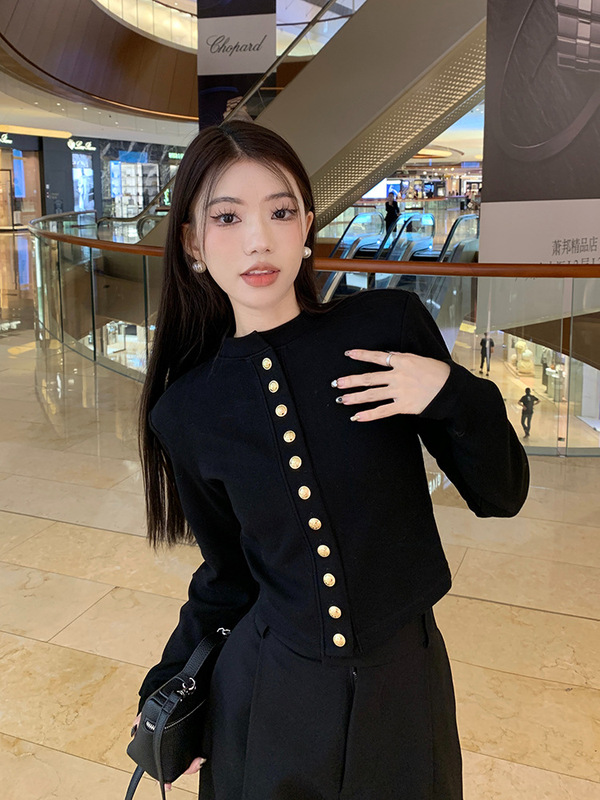 【工場現物】黒い香風コート女性秋上着修身セーター長袖ショートニットカーディガン|undefined