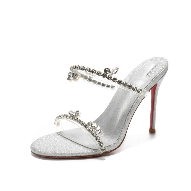 1529-3 Silver Rhinestone Sandals for Women with Thin Heels, New Crystal Transparent Sandals, Elegant High Heels