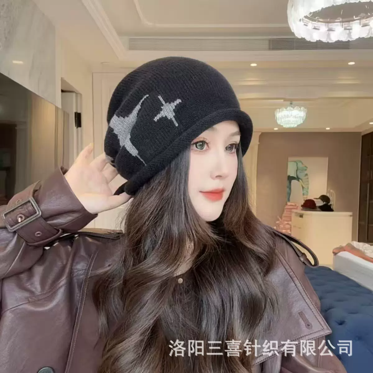 秋冬新款星星针织堆堆帽女保暖显脸小毛线帽