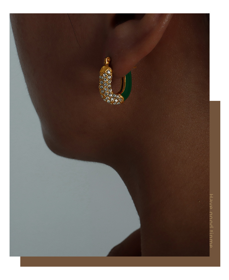 304 Stainless Steel Ear Needle Material 18K Gold Plated Plating Material 1 Pair Simple Style Color Block Plating Inlay Titanium Steel Zircon 18K Gold Plated Hoop Earrings