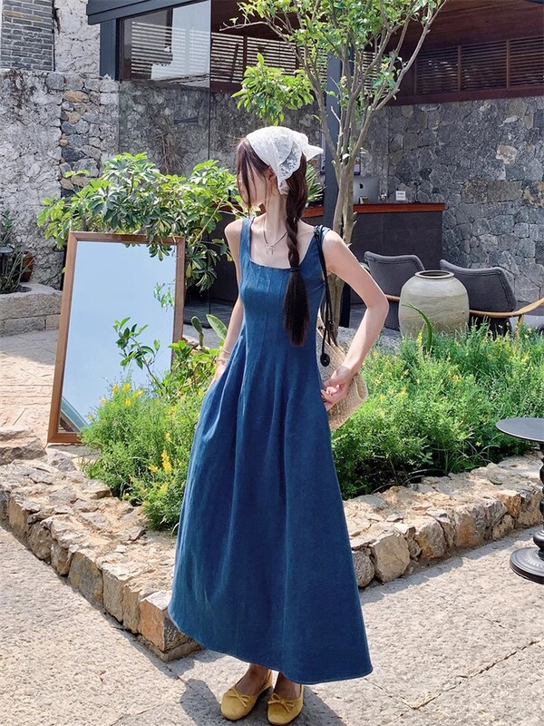 蓝雾之恋法式牛仔连衣裙女夏小众设计感收腰气质吊带长裙|undefined
