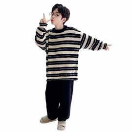 睡衣儿童款2025法兰绒秋冬新款家居服加厚冬季男童绒条纹套装珊瑚