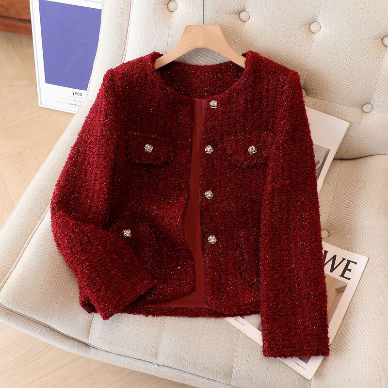 2026 Super Popular Short Tweed Blazer for Women with Gold Buttons, Elegant and Professional Formal Wear