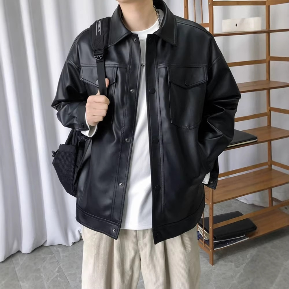 2026韩版秋冬季新款pu皮衣翻领宽松复古机车夹克男士休闲外套男装
