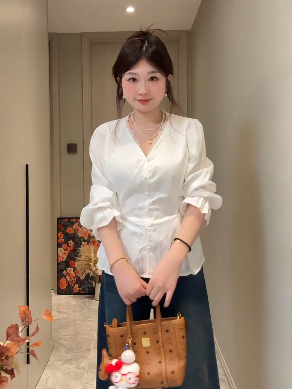 2025大码胖mm法式蕾丝拼接长袖白色衬衫女秋季显瘦感收腰衬衣上衣|undefined